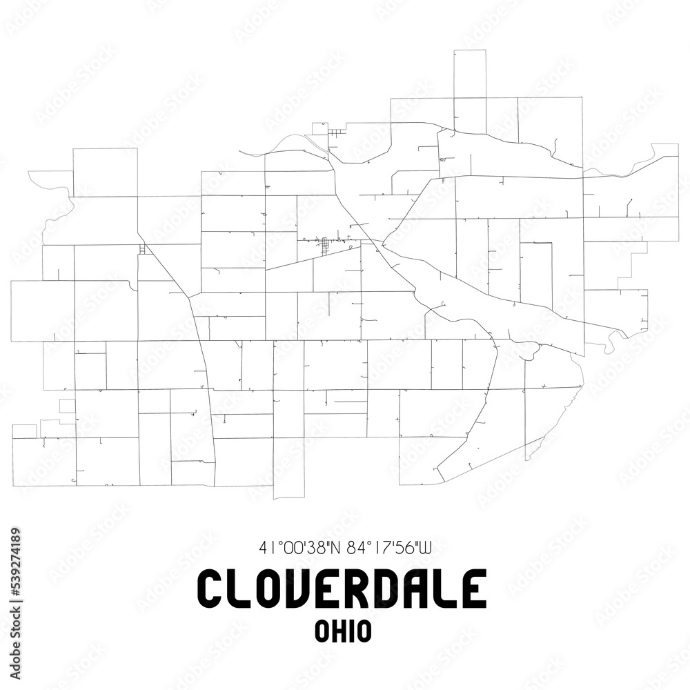 Cloverdale Ohio. US street map with black and white lines.