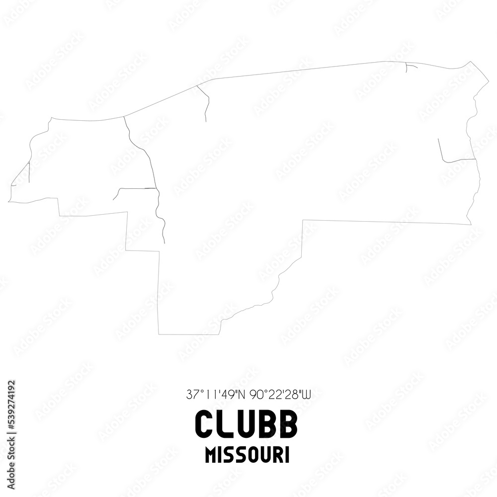 Clubb Missouri. US street map with black and white lines.