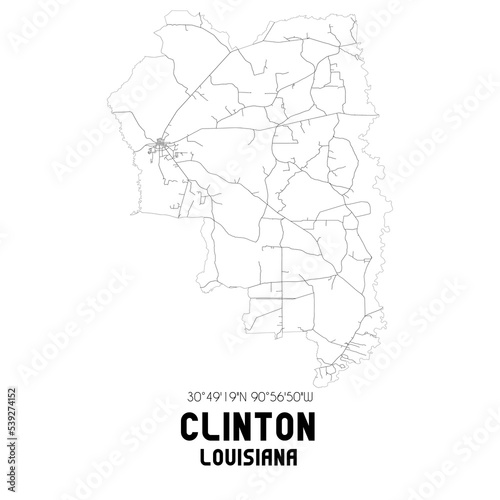 Clinton Louisiana. US street map with black and white lines.