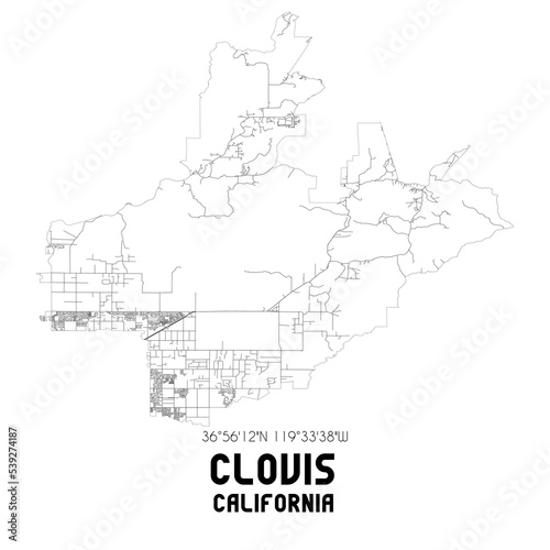 Clovis California. US street map with black and white lines.