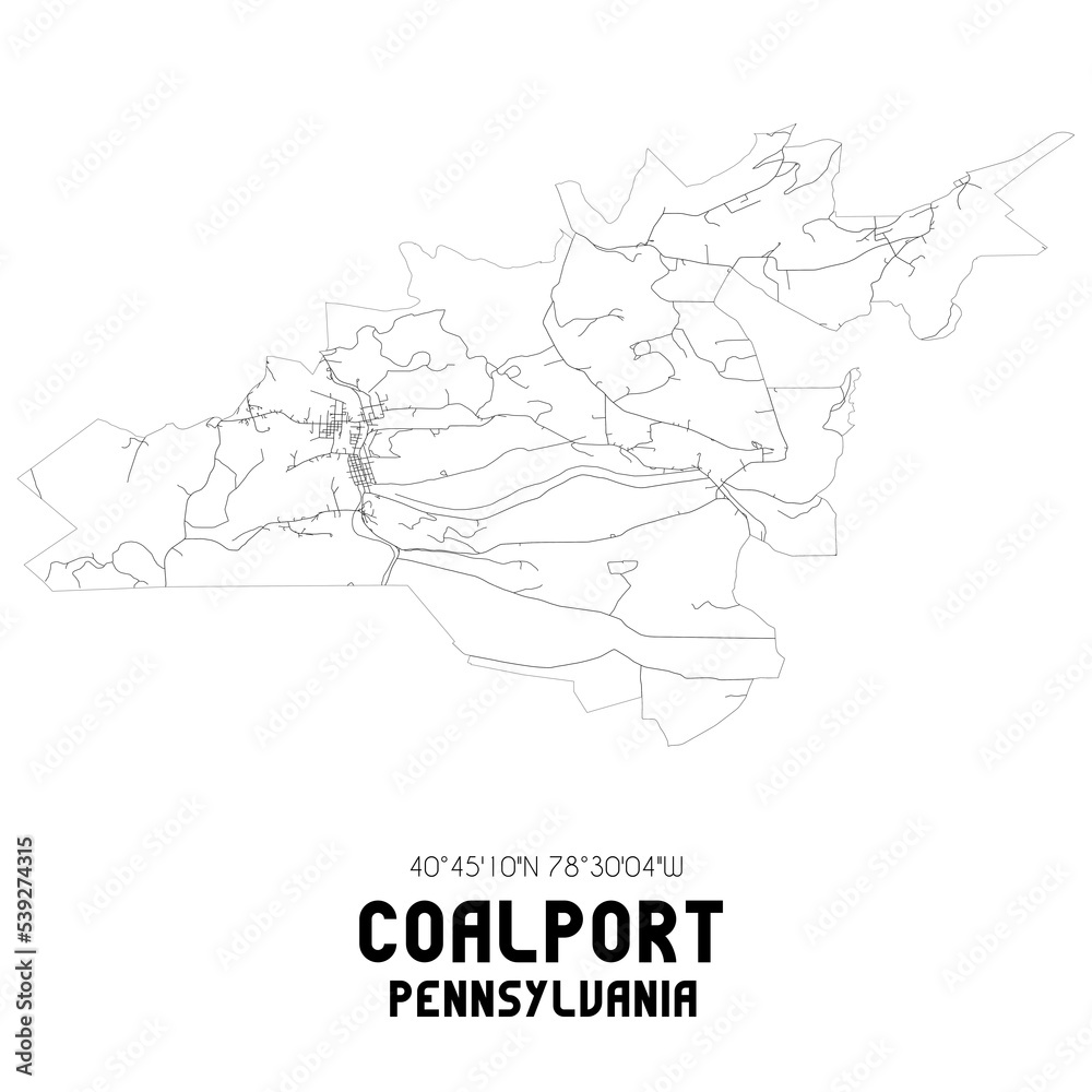 Coalport Pennsylvania. US street map with black and white lines.