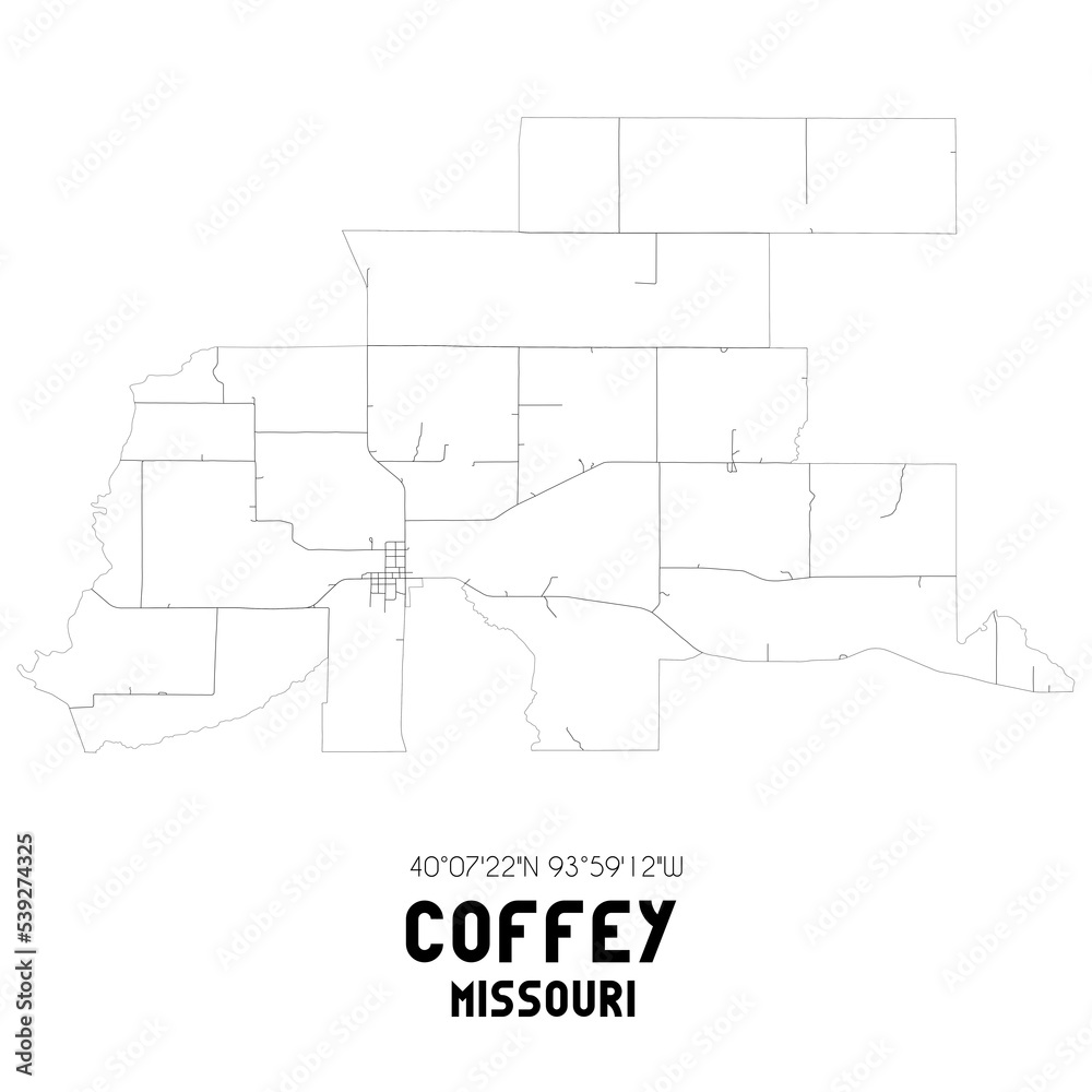 Coffey Missouri. US street map with black and white lines.