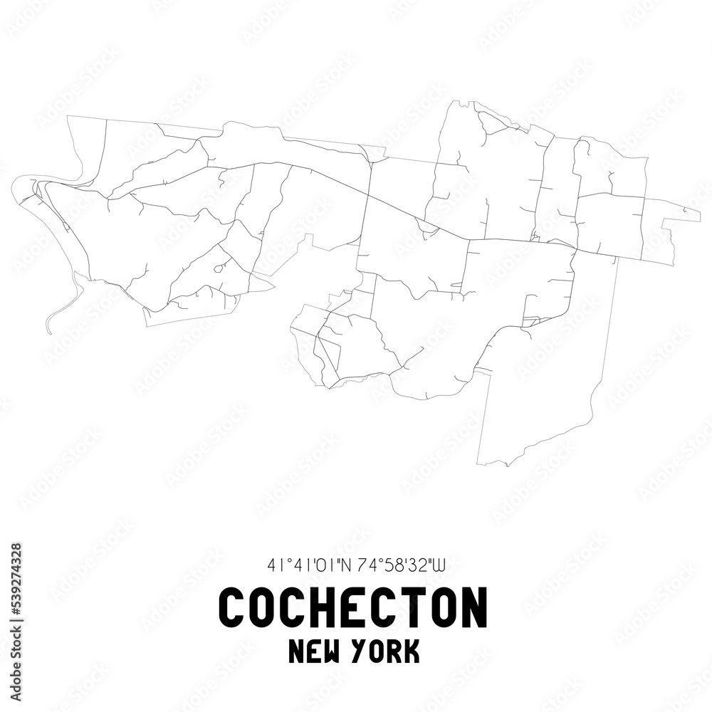 Cochecton New York. US street map with black and white lines.