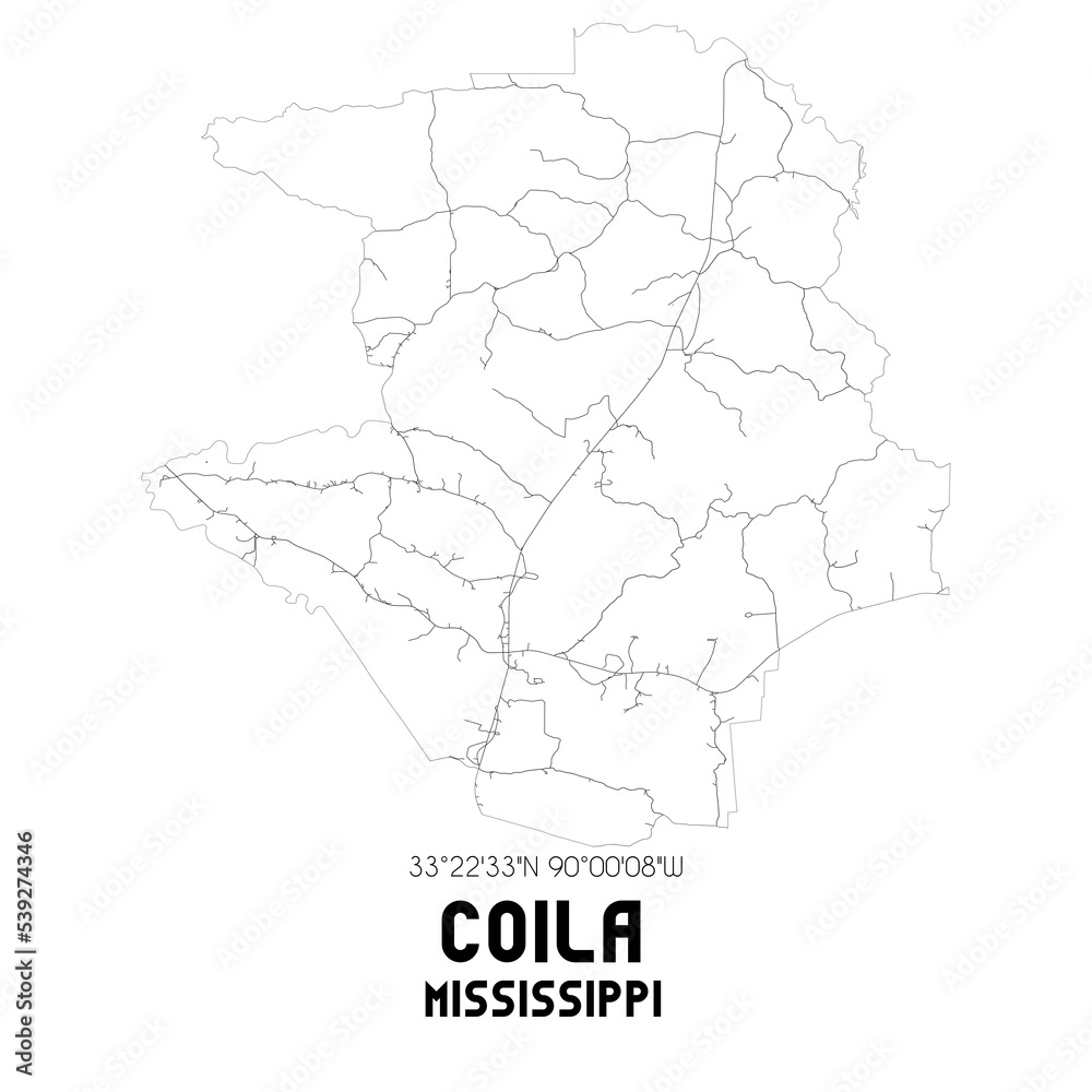 Coila Mississippi. US street map with black and white lines.