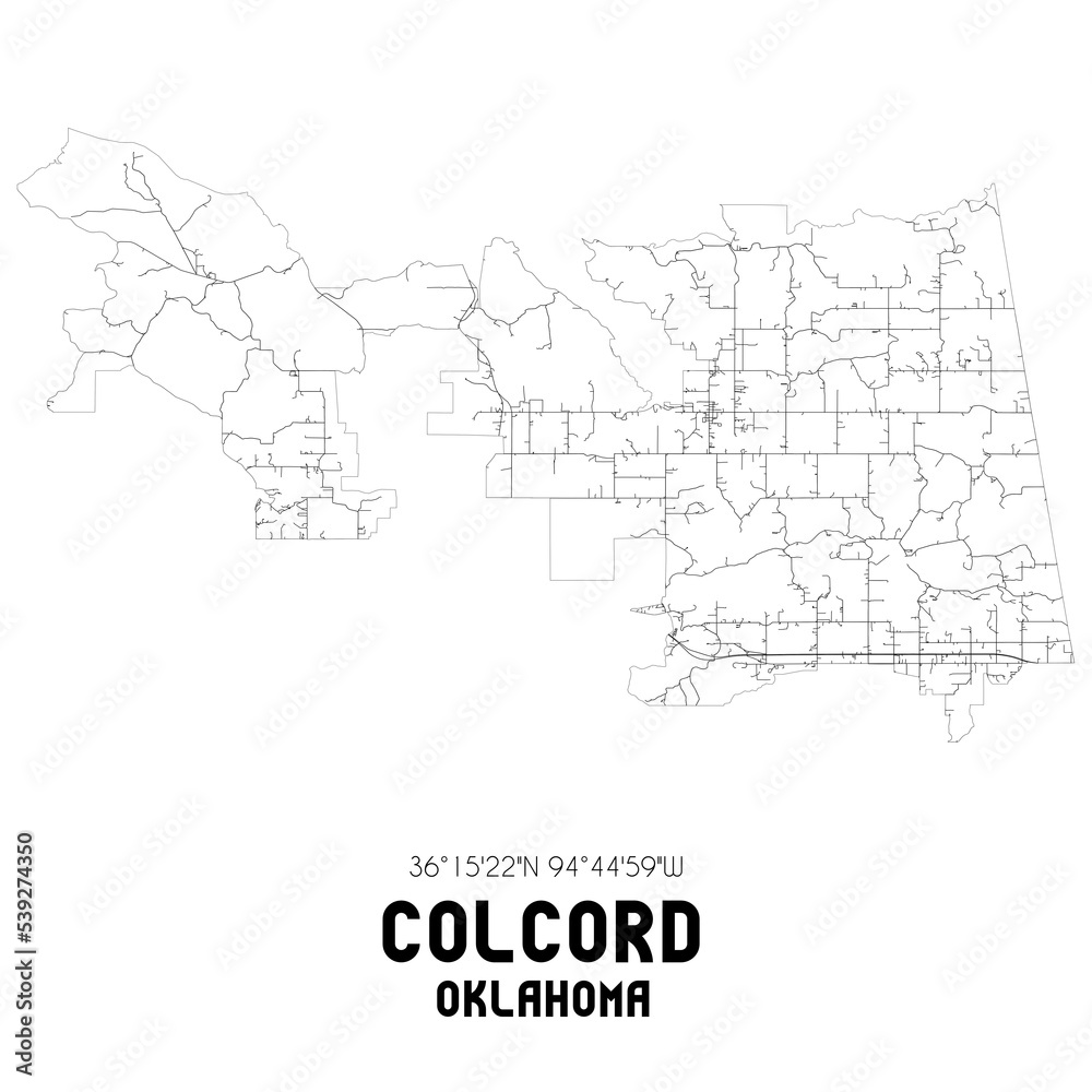 Colcord Oklahoma. US street map with black and white lines.