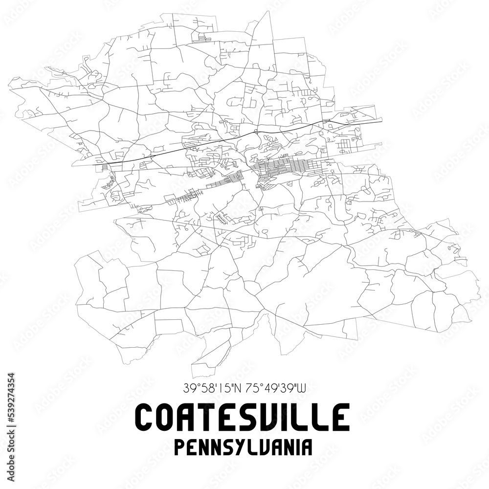 Coatesville Pennsylvania. US street map with black and white lines.