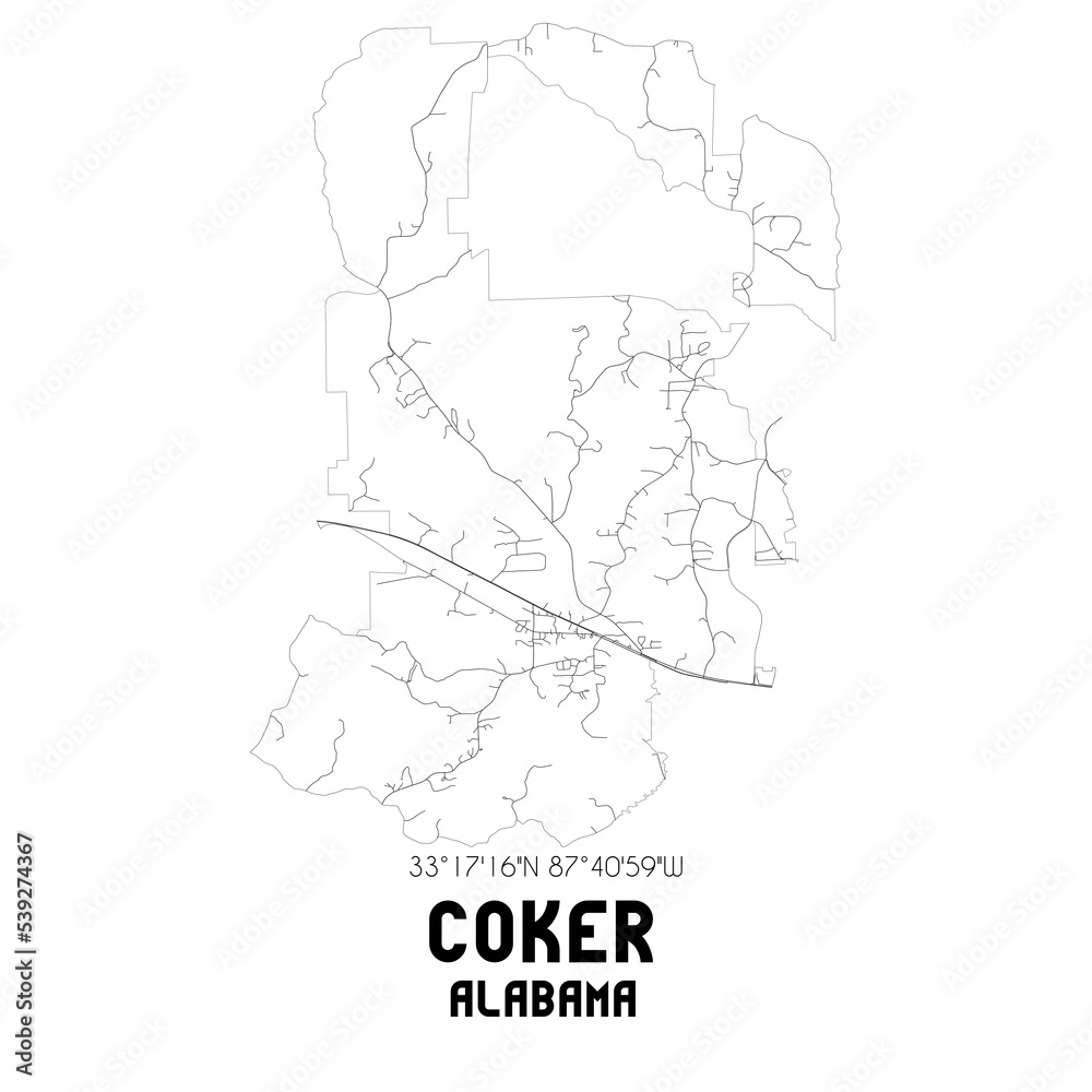 Coker Alabama. US street map with black and white lines.