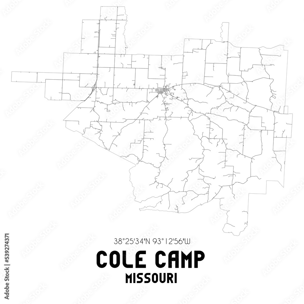 Cole Camp Missouri. US street map with black and white lines.