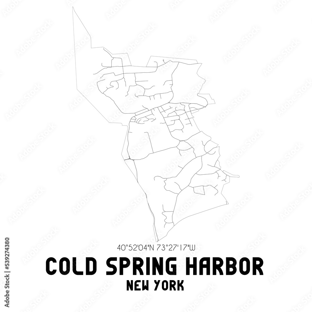 Cold Spring Harbor New York. US street map with black and white lines.