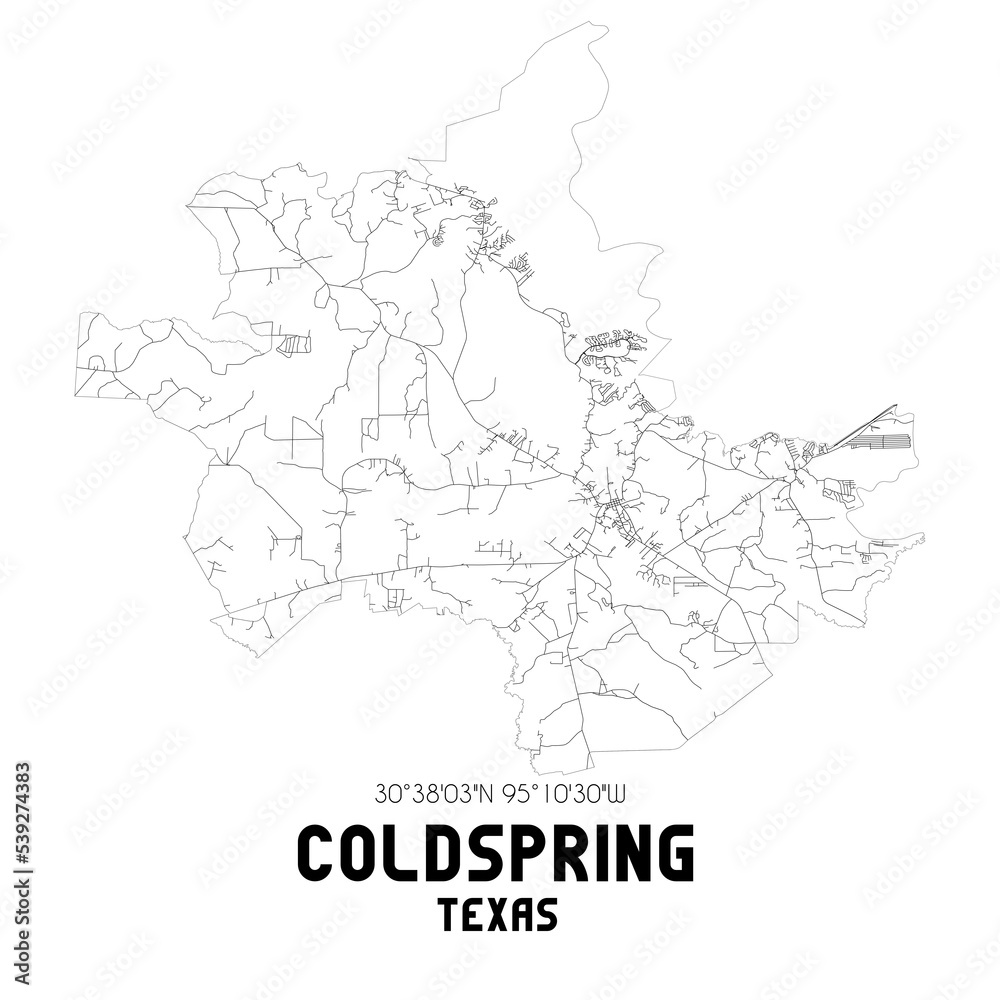 Coldspring Texas. US street map with black and white lines.