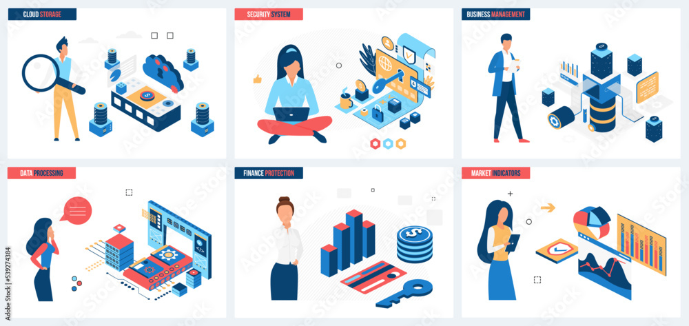 Business, financial strategy and leadership set vector illustration. Cartoon work of leader on corporate challenge, success growth of company concept for banner, website design or landing web page