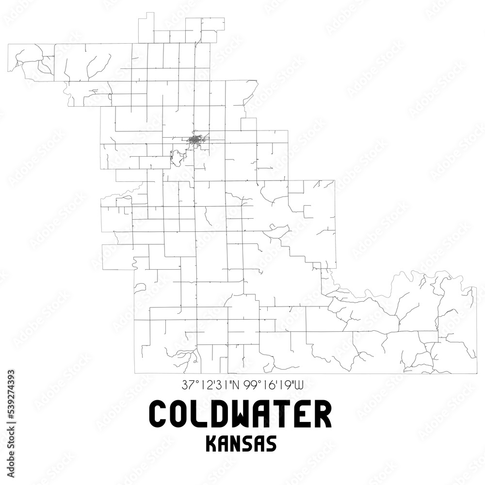 Coldwater Kansas. US street map with black and white lines. Coldwater Kansas. US street map with black and white lines.
