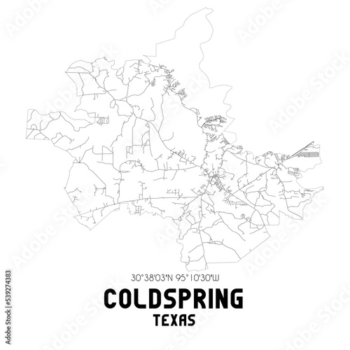 Coldspring Texas. US street map with black and white lines.