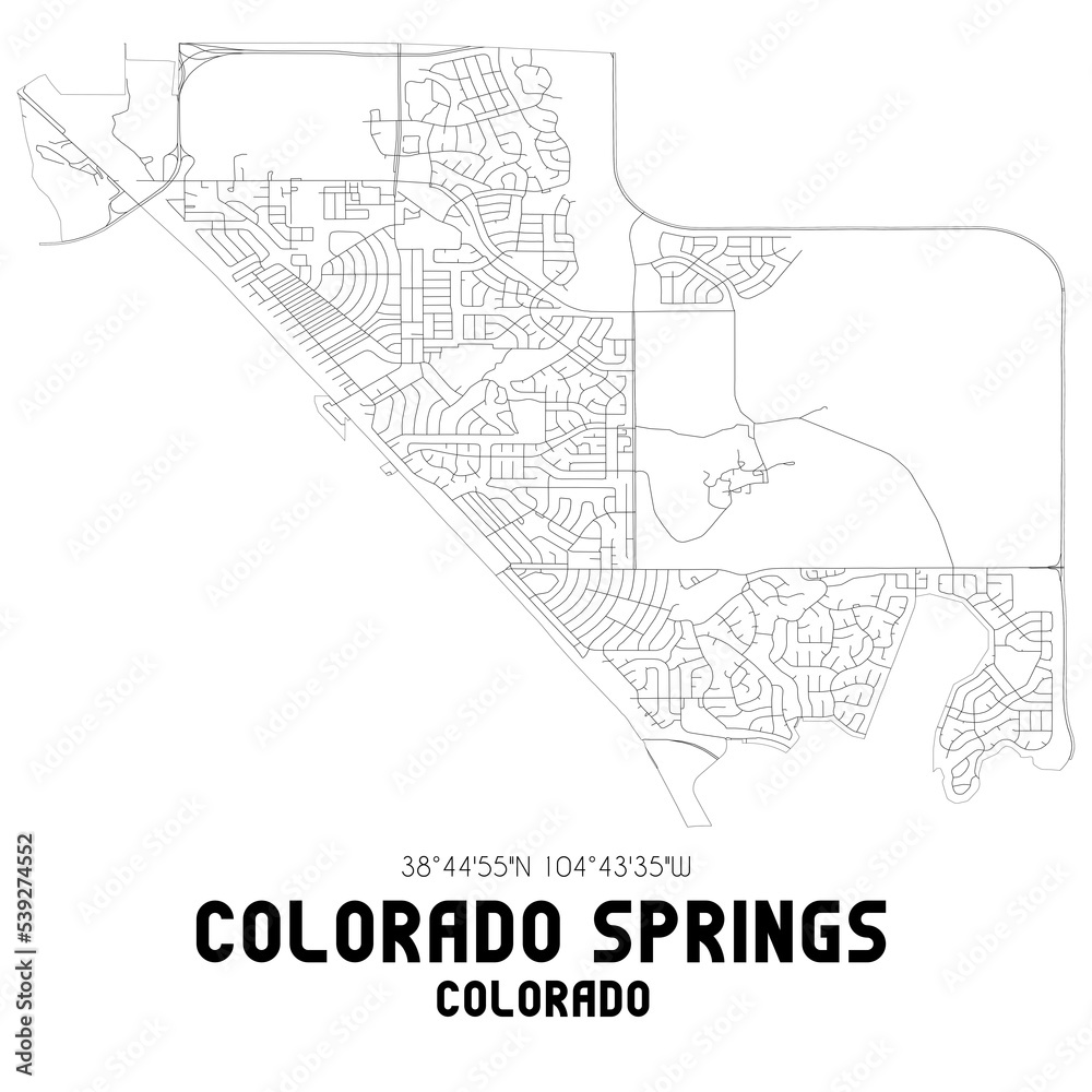 Colorado Springs Colorado. US street map with black and white lines.