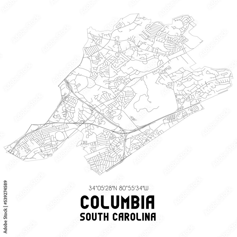 Columbia South Carolina. US street map with black and white lines.