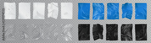 Plastic crumpled paper sheets with glossy satin texture set vector illustration. 3d realistic isolated black, transparent, white and blue blank pages with folds, creases and wrinkles glued on wall
