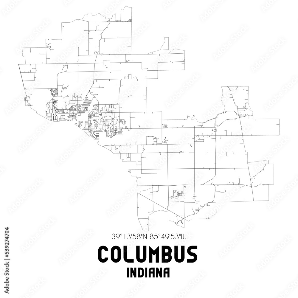 Columbus Indiana. US street map with black and white lines.