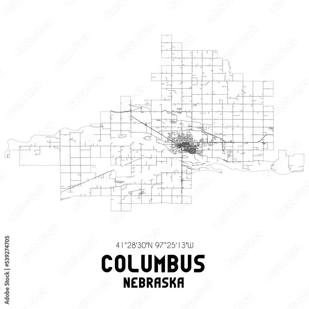 Columbus Nebraska. US street map with black and white lines.