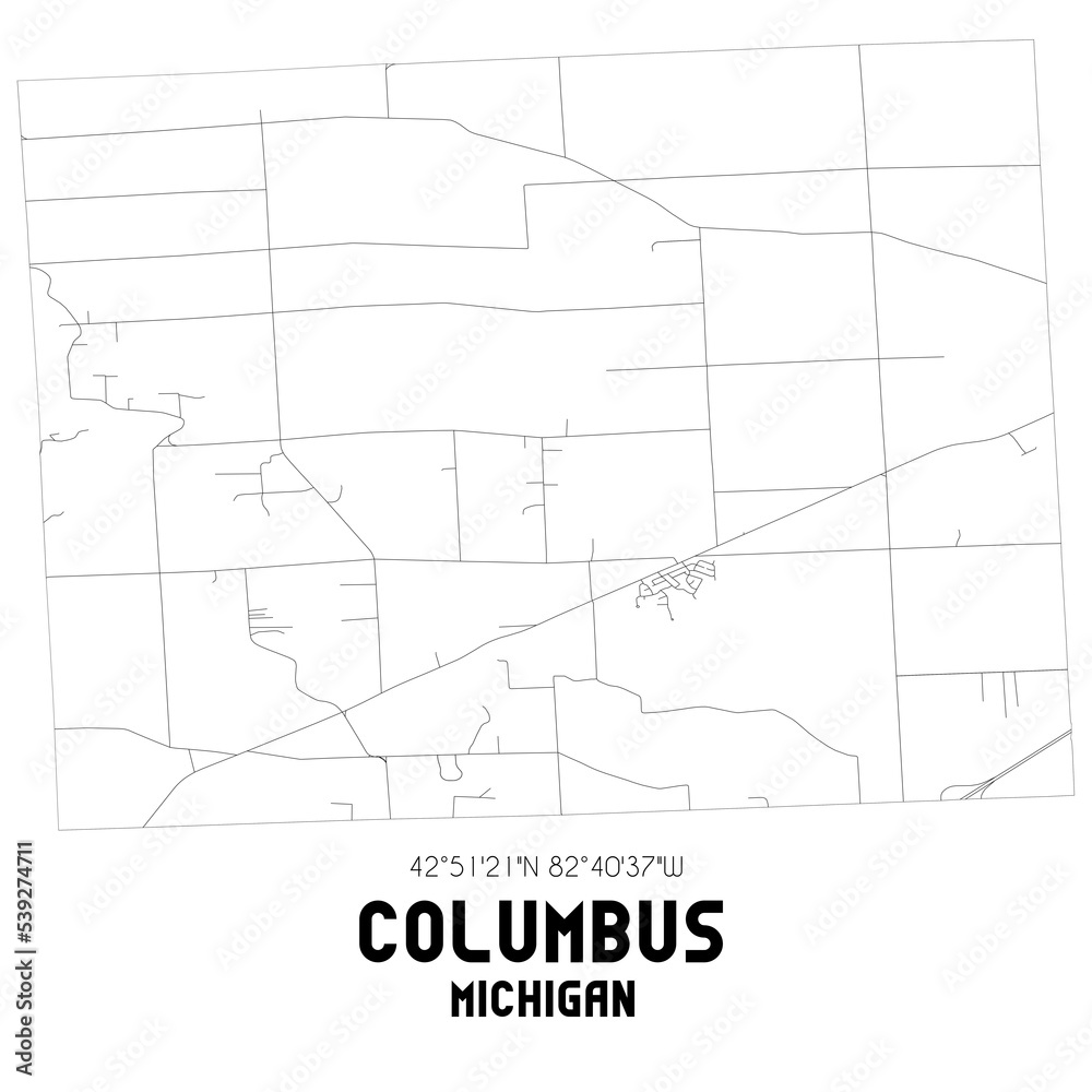 Columbus Michigan. US street map with black and white lines.