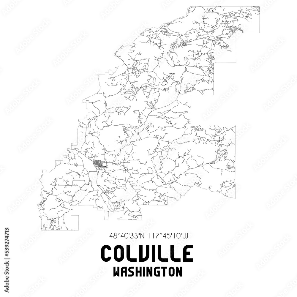 Colville Washington. US street map with black and white lines.
