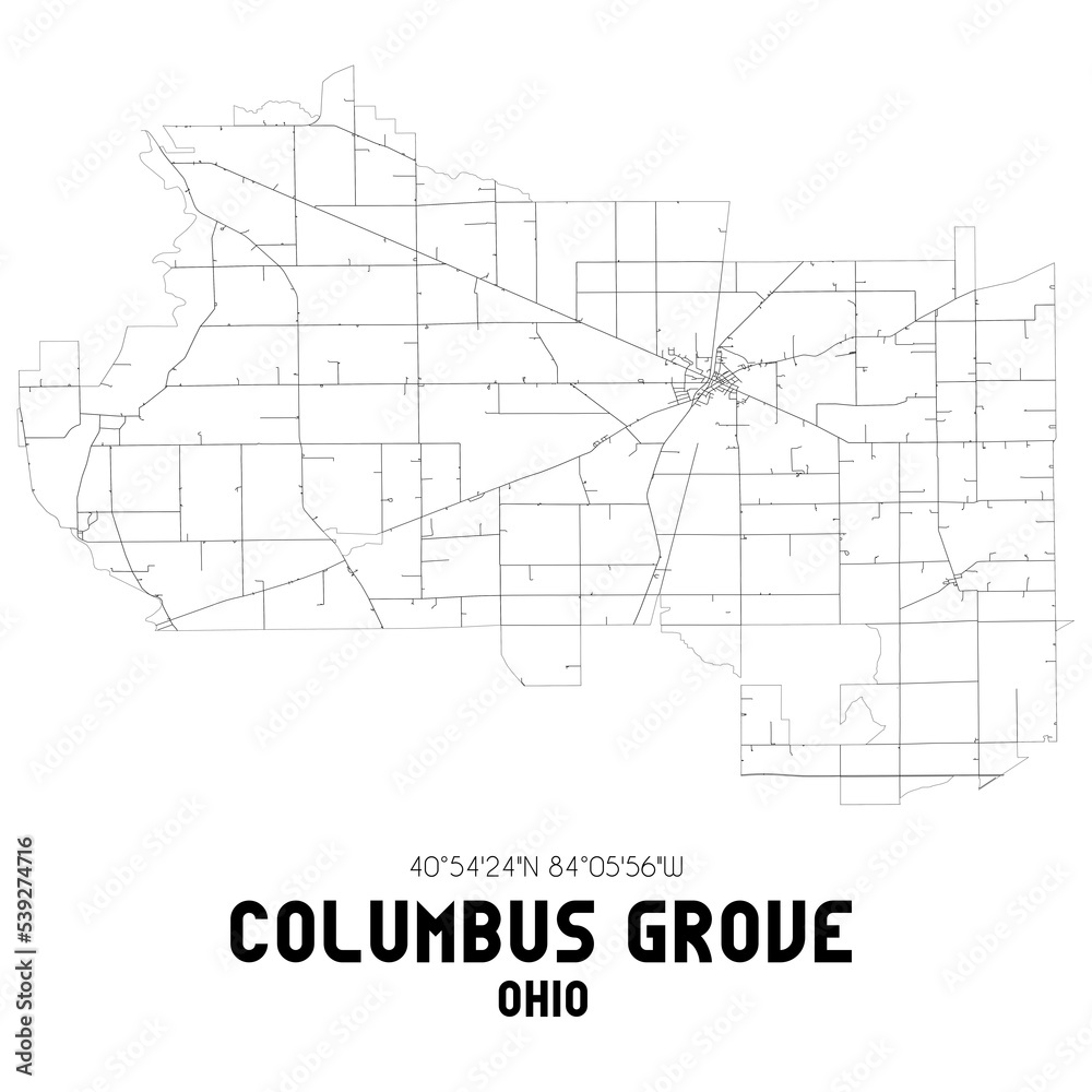 Columbus Grove Ohio. US street map with black and white lines.
