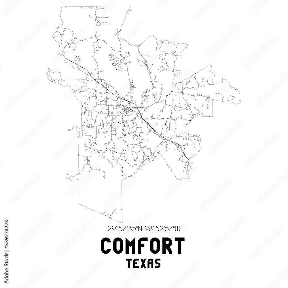 Comfort Texas. US street map with black and white lines.