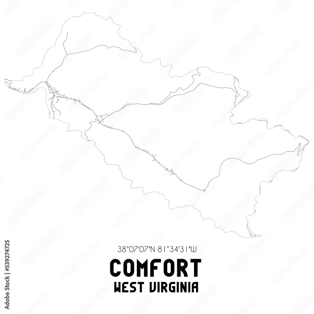 Comfort West Virginia. US street map with black and white lines.