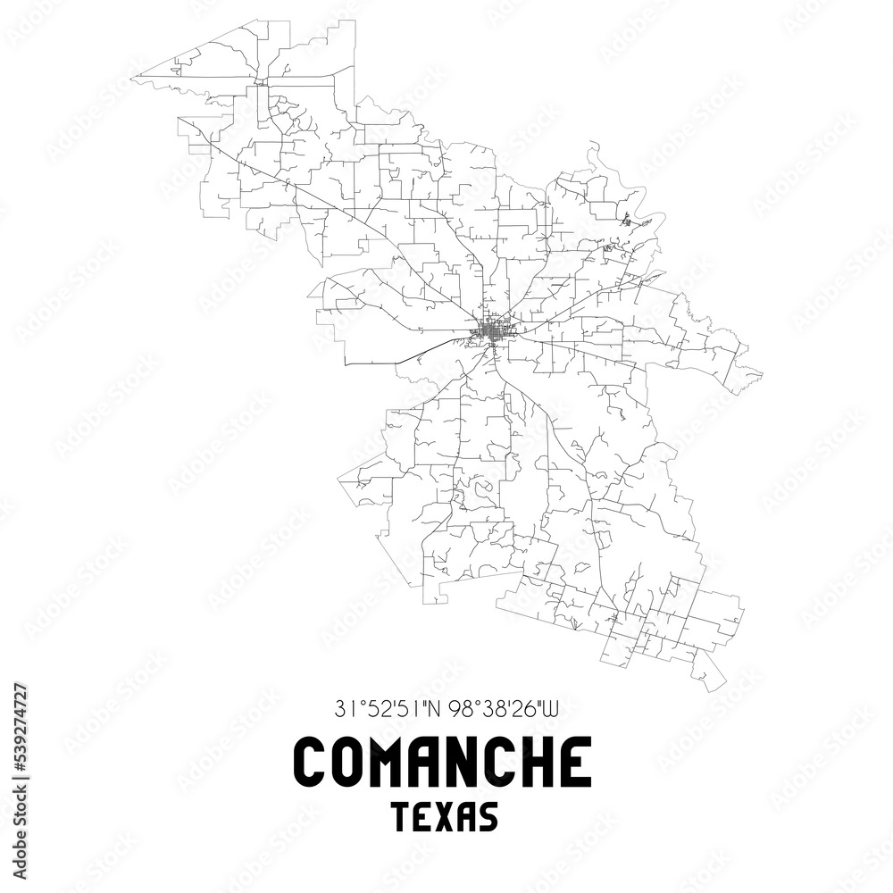 Comanche Texas. US street map with black and white lines.