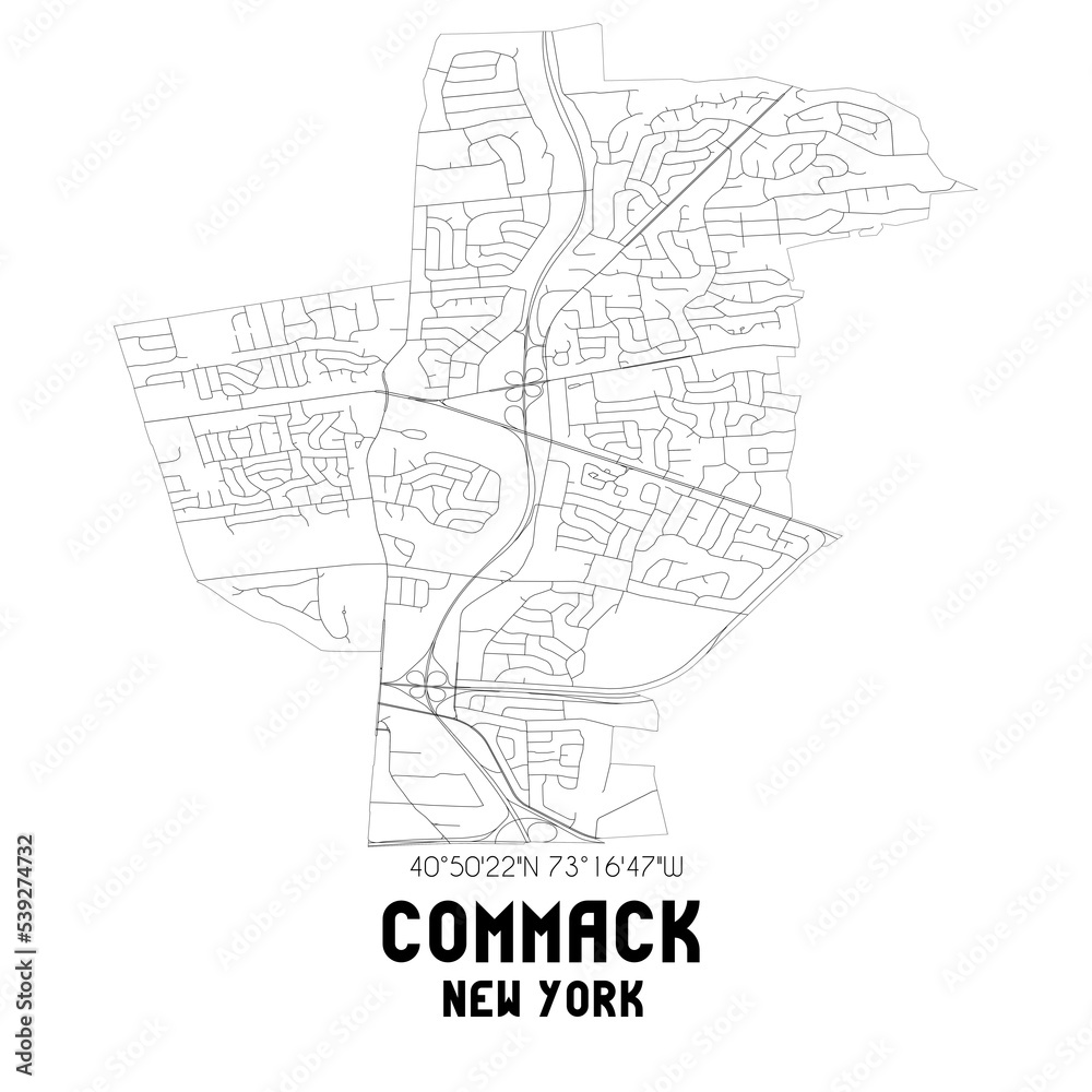 Commack New York. US street map with black and white lines.