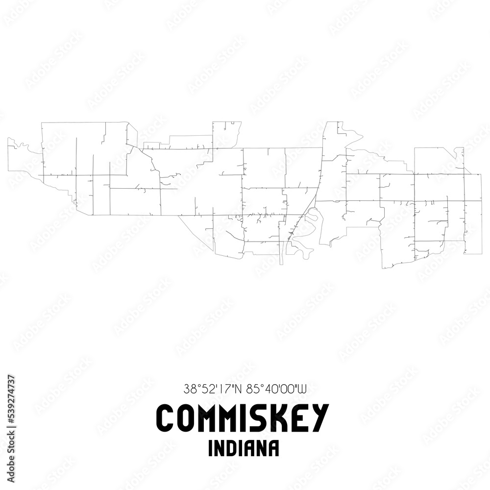 Commiskey Indiana. US street map with black and white lines.