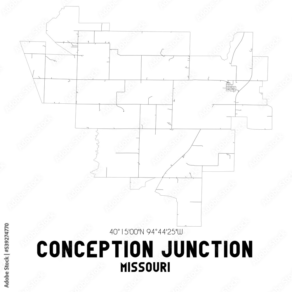 Conception Junction Missouri. US street map with black and white lines.