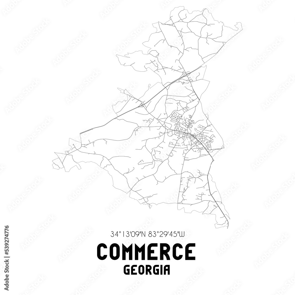Commerce Georgia. US street map with black and white lines.