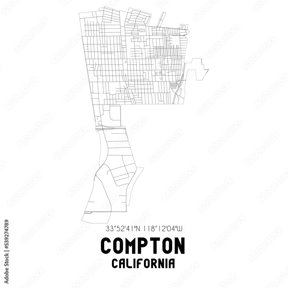Compton California. US street map with black and white lines. Stock
