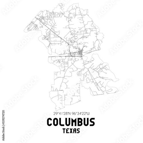 Columbus Texas. US street map with black and white lines.