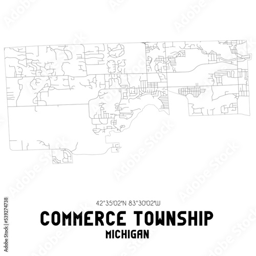 Commerce Township Michigan. US street map with black and white lines.
