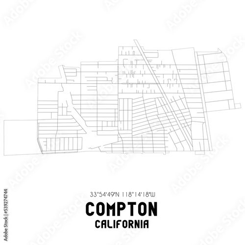Compton California. US street map with black and white lines.