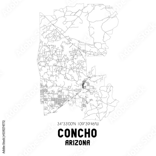 Concho Arizona. US street map with black and white lines.