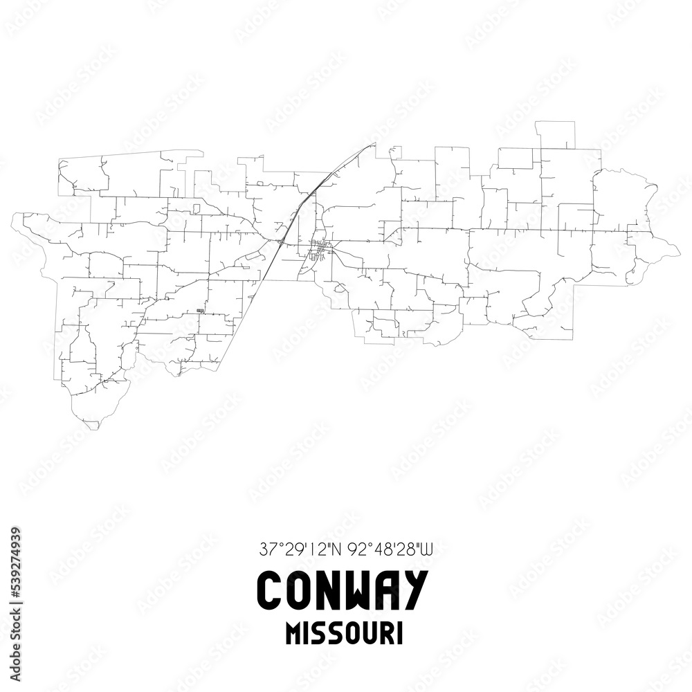 Conway Missouri. US street map with black and white lines.
