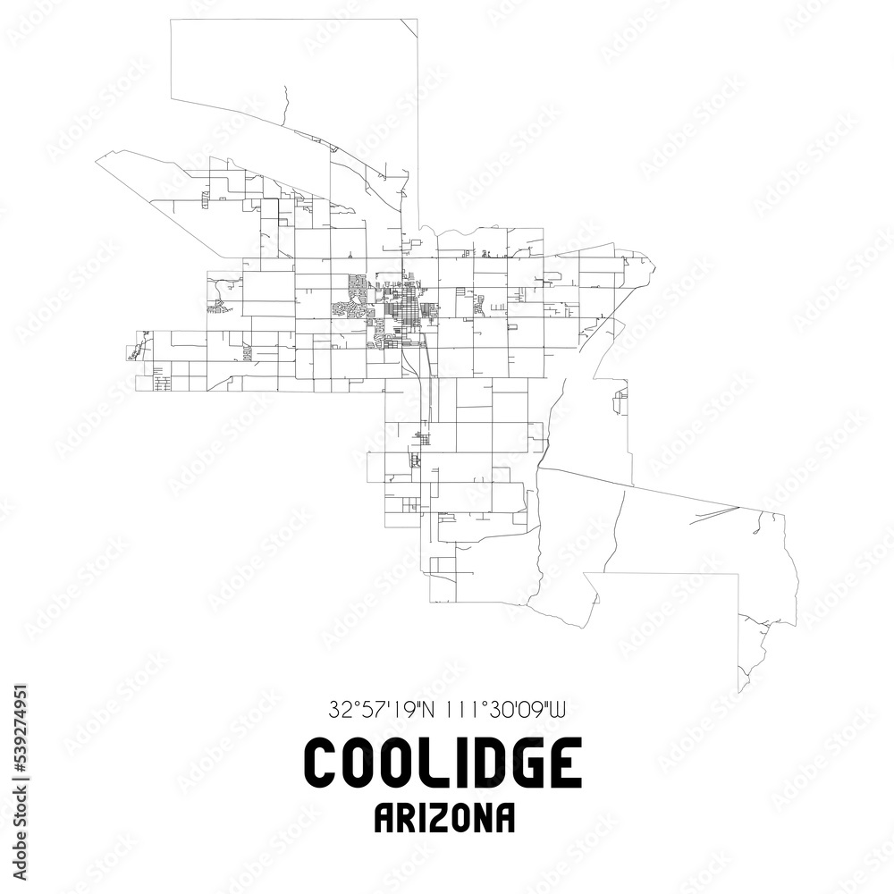 Coolidge Arizona. US street map with black and white lines.