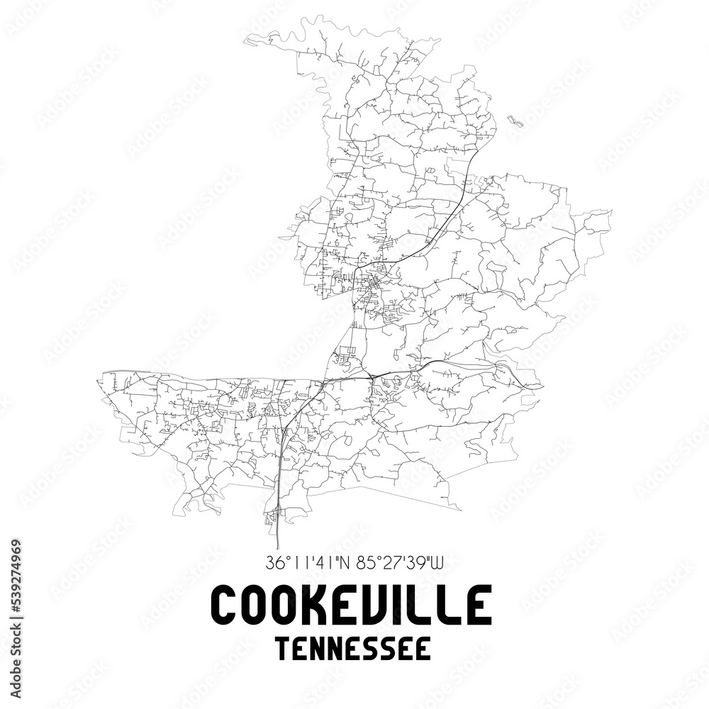 Cookeville Tennessee. US street map with black and white lines.