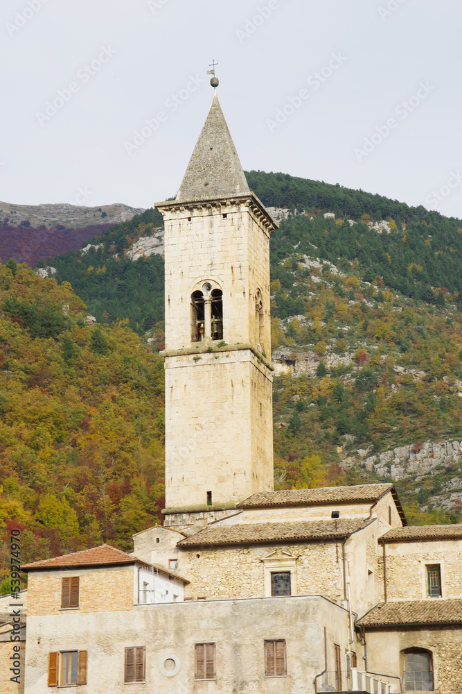 Pacentro - Abruzzo - Italy - The bell tower of the mother church stands out over the houses of the small mountain village