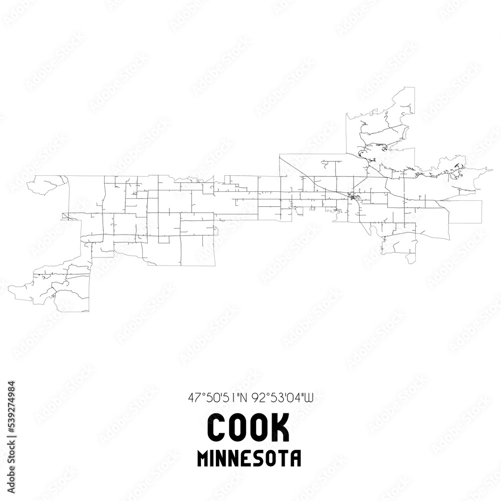Cook Minnesota. US street map with black and white lines.