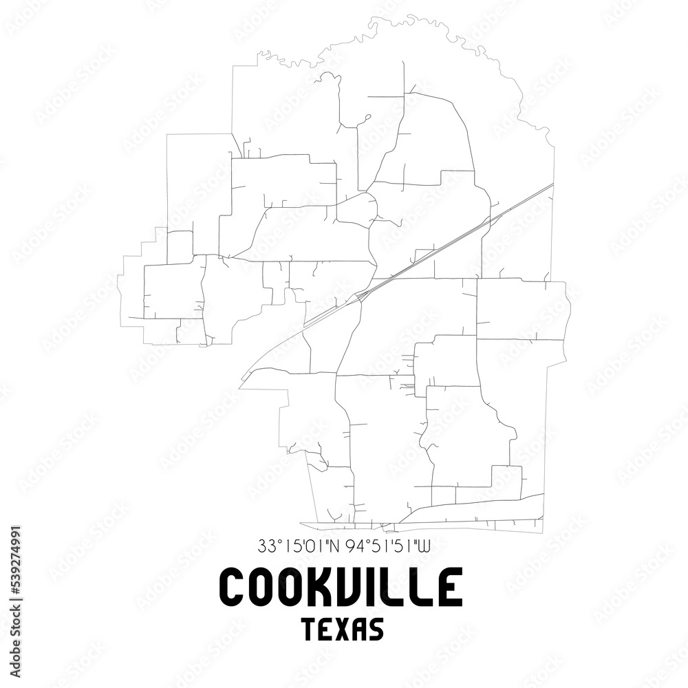 Cookville Texas. US street map with black and white lines.