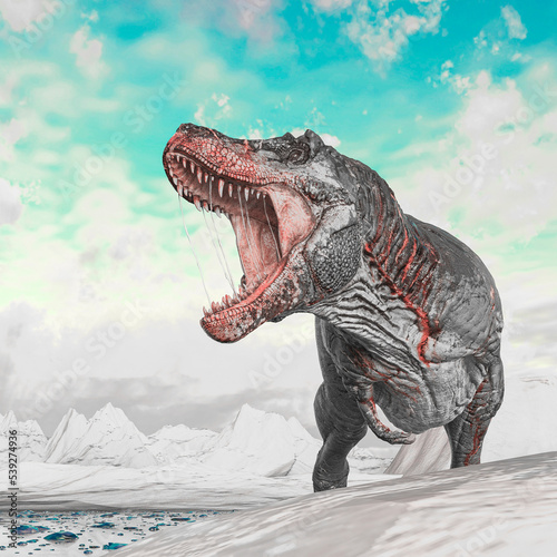 tyrannosaurus rex is angy on ice land side view © DM7