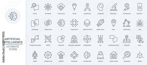 AI technology thin line icons set vector illustration. Abstract outline machine and artificial brain of robot learning, smart algorithms and automation, data cloud analytics and statistics analysis