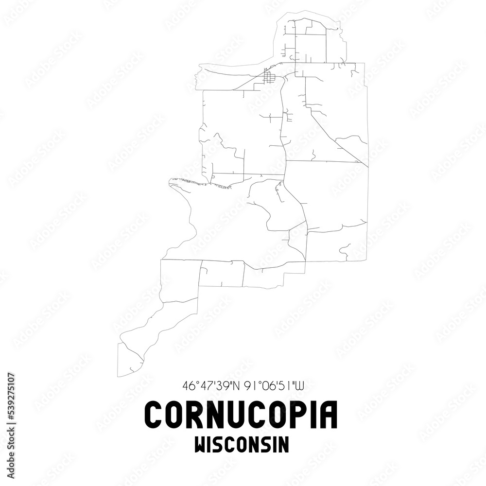 Cornucopia Wisconsin. US street map with black and white lines.