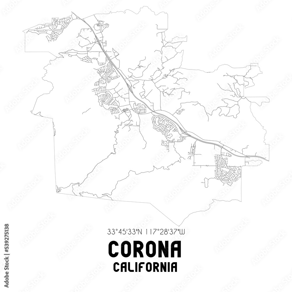 Corona California. US street map with black and white lines.