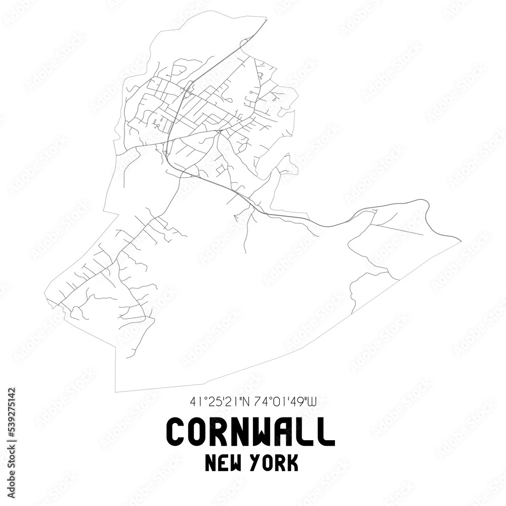 Cornwall New York. US street map with black and white lines. Stock