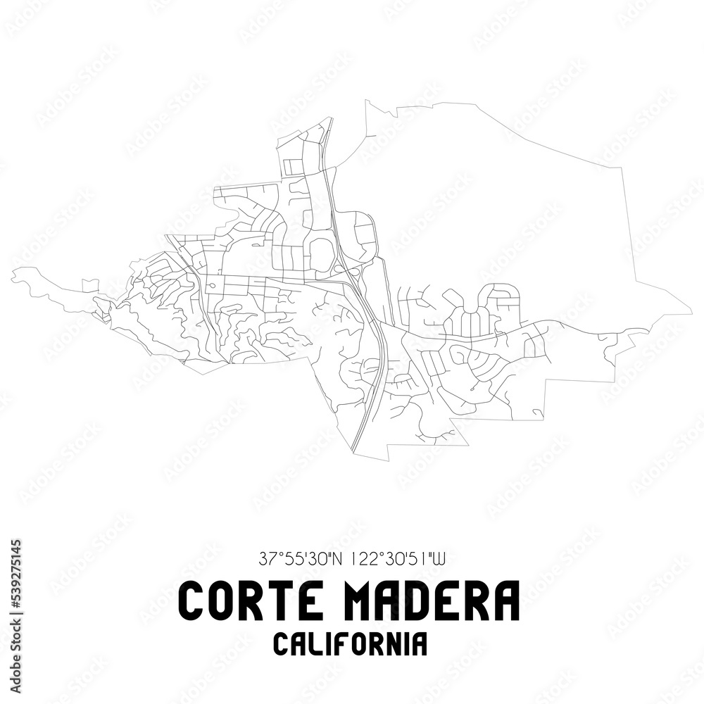 Corte Madera California. US street map with black and white lines.