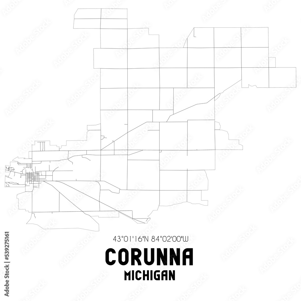 Corunna Michigan. US street map with black and white lines.